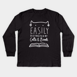 Funny Easily Distracted By Cats And Books Gifts Kids Long Sleeve T-Shirt